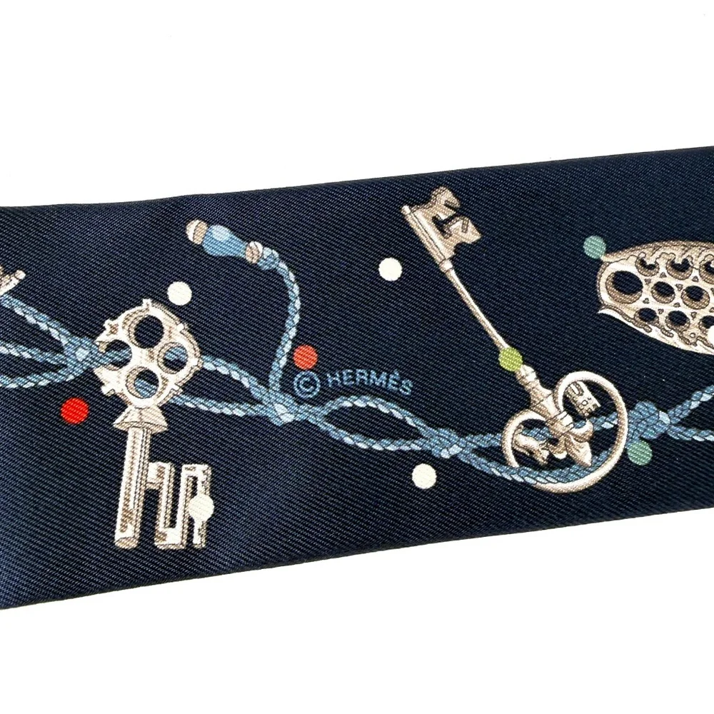 SOLD HERMES Les Cles a Pois Bleu Marine Gris Argent Silk Leather Twilly Scarf - Picture 8 of 9